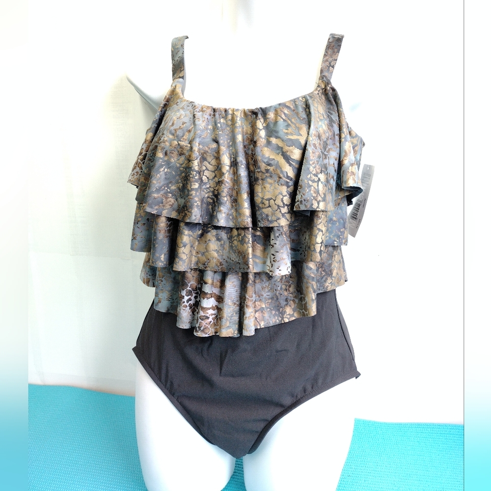 NEW Mainstream Tiered Ruffles Swim Wear Tankini Top One Piece Size 12